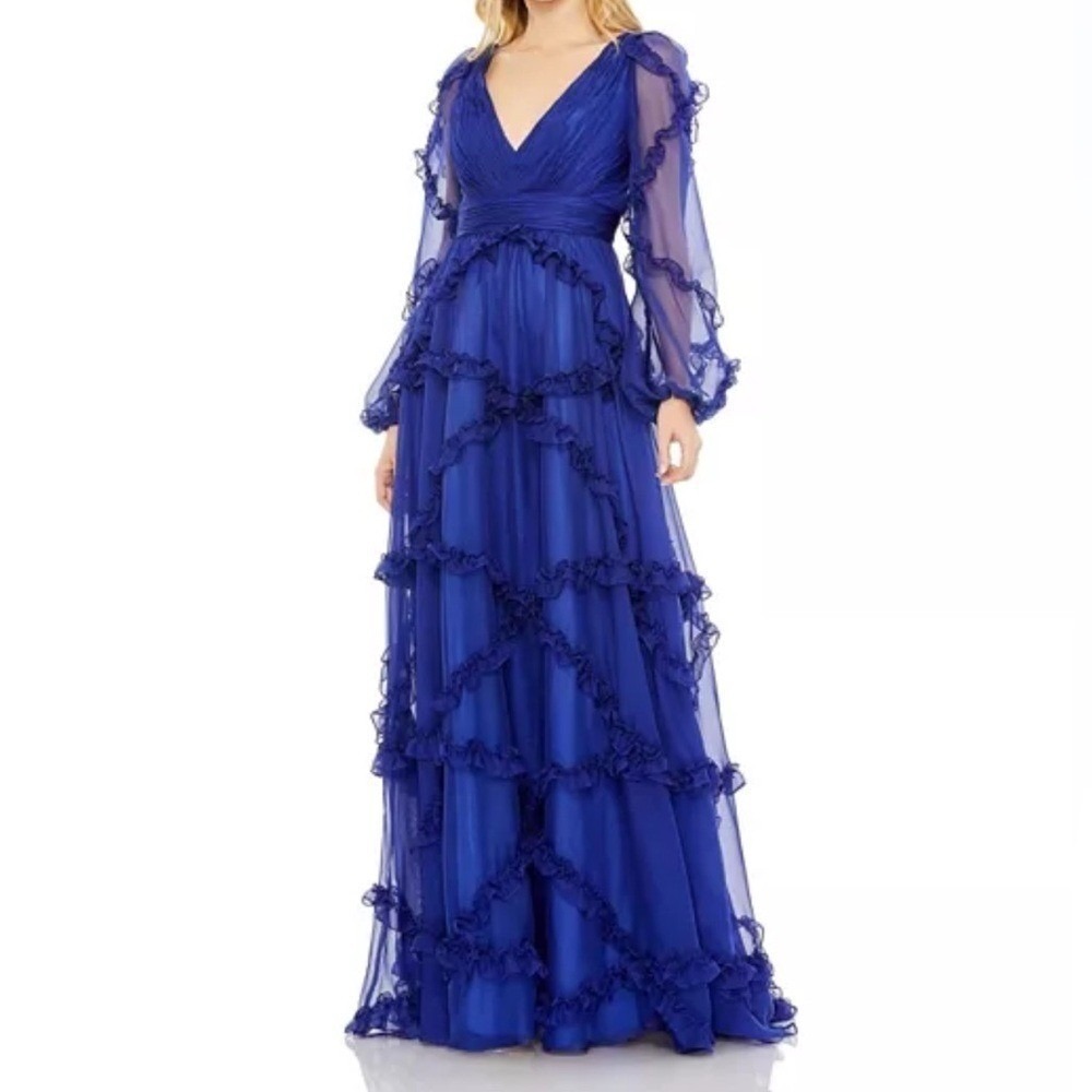 Mac Duggal Royal Blue Cascaded Ruffle Puff Sleeve A-Line Gown Size 4 NWT